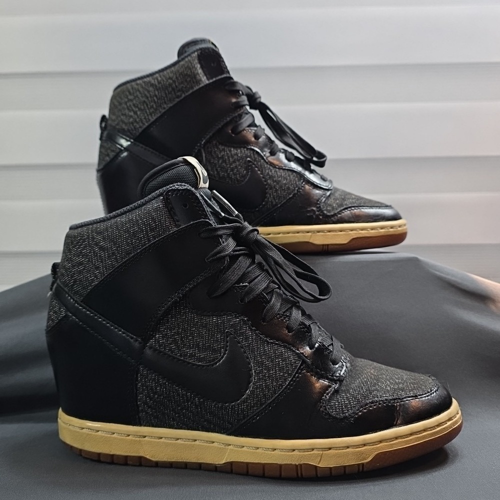 Nike Dunk Sky Hi Essential with a black‎ and grey tweed upper and a gum sole...